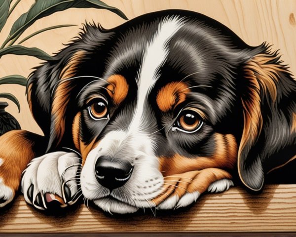Illustration of a Dog with Expressive Eyes on Wood