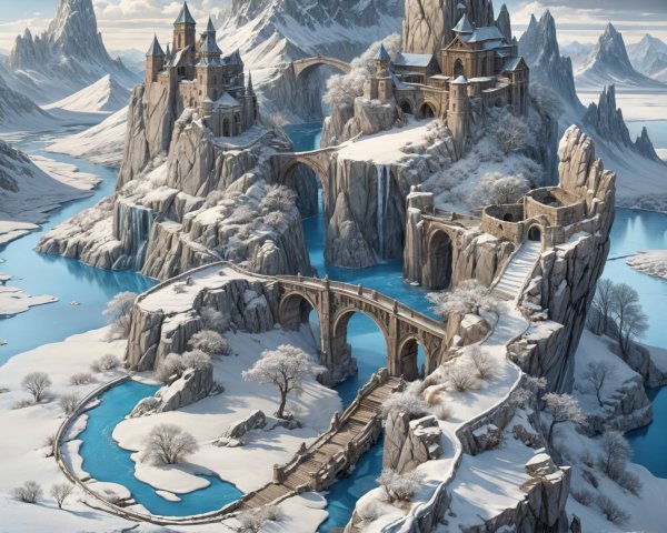 Winter Landscape with Snow-Capped Mountains and Castles