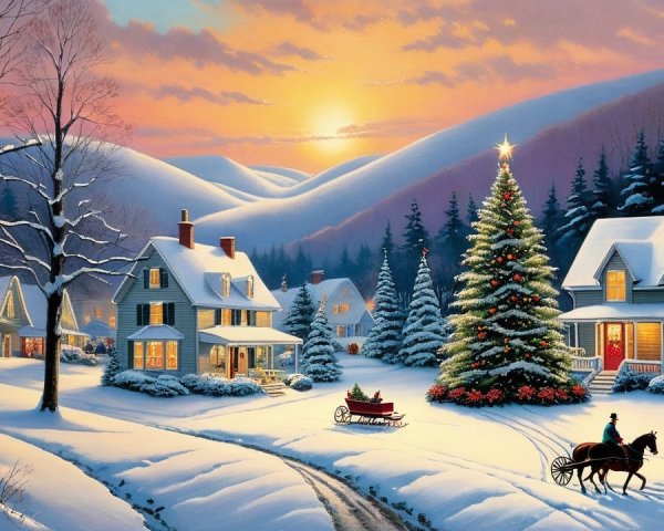 Winter Wonderland Scene with Sleigh and Christmas Tree