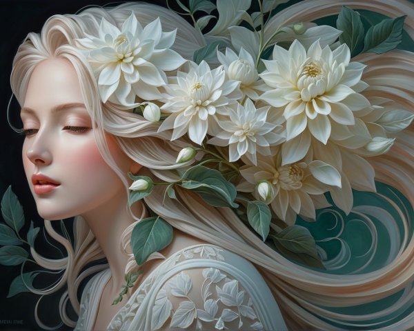 Serene Woman Profile with Flowers and Nature Background