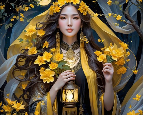 Elegant figure in robes with flowers and lantern at night