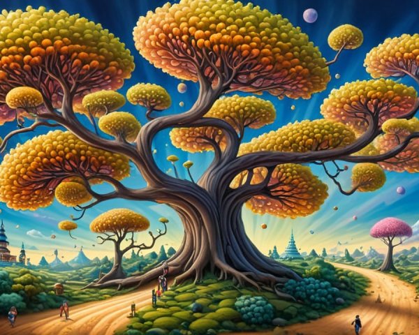 Whimsical Tree in a Colorful Fantasy Landscape