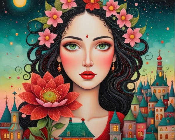 Woman with Black Hair and Lotus Flower in Twilight Scene