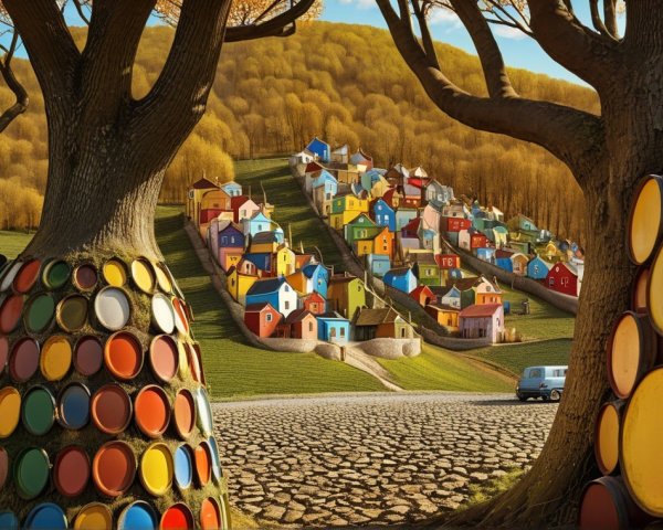 Colorful hillside houses in an autumn landscape