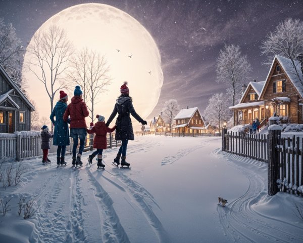 Family Ice Skating in Snowy Village at Night