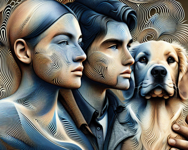 Line Art Portrait of Woman, Man, and Dog