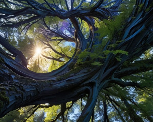 Forest Canopy with Twisted Tree Trunks and Sunlight
