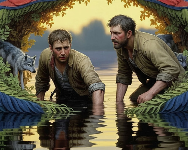 Rugged Men in Serene Water Surrounded by Nature