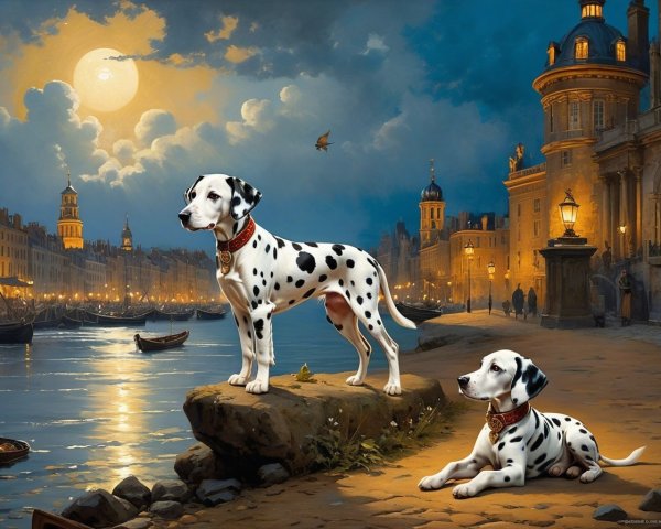 Dalmatians by a Moonlit Waterway with Vintage Charm