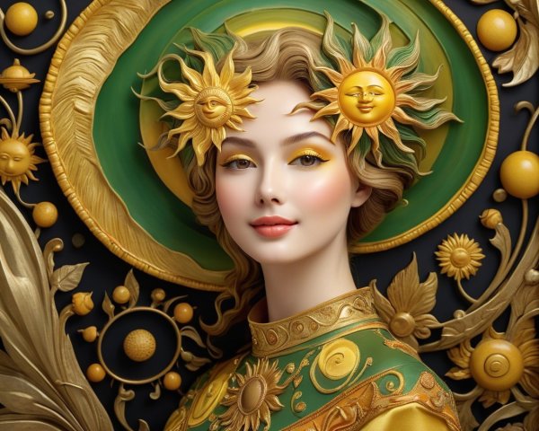 Styled Woman with Golden Sun Motif and Floral Patterns