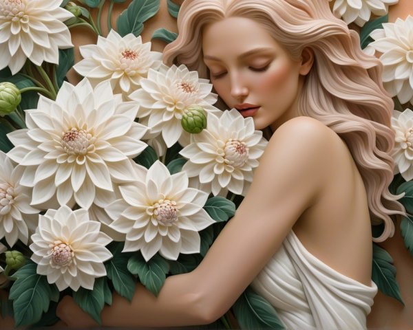 Serene Figure with White Flowers in Golden Background