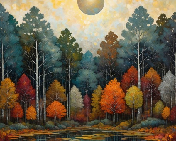 Vibrant Autumn Landscape with Celestial Elements