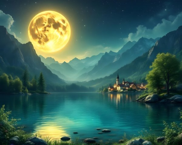 Tranquil Lake Scene with Full Moon and Mountains
