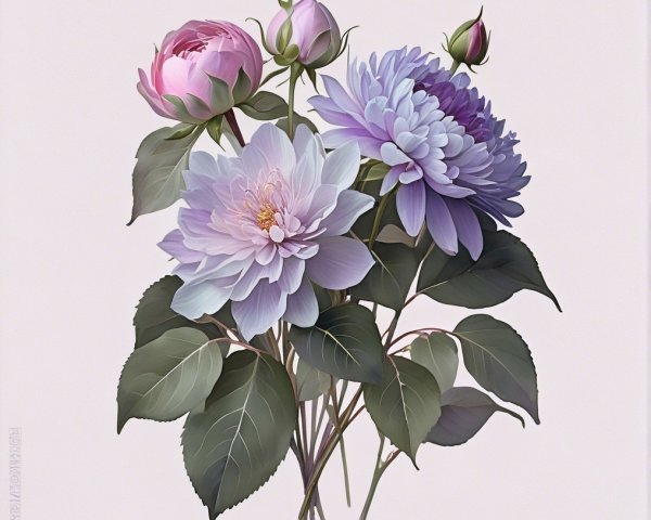 Elegant bouquet of pink peonies and lavender dahlias