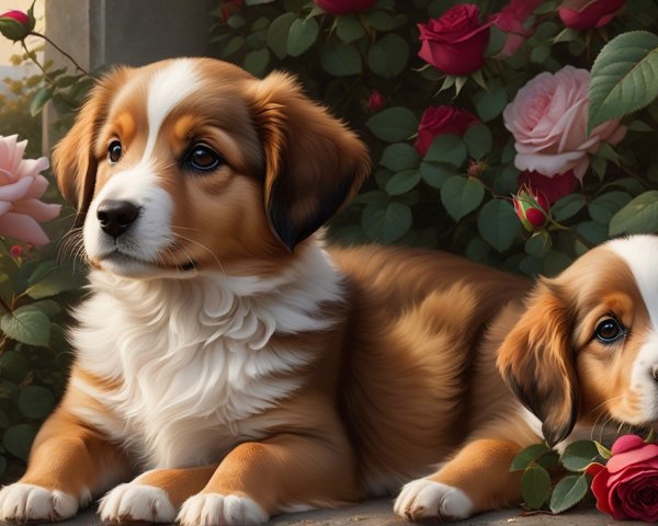 Puppies Resting Among Vibrant Roses in Serene Setting