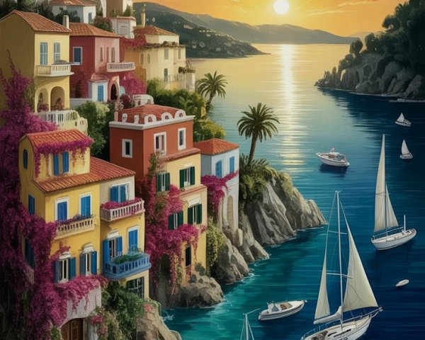 Seaside Village with Colorful Houses at Sunset