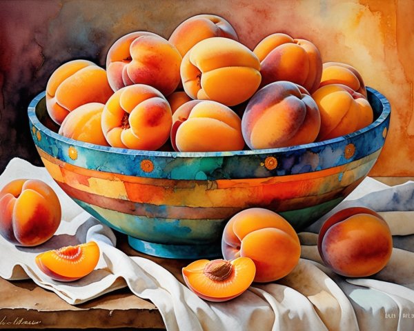 Vibrant Still Life of Ripe Peaches in Colorful Bowl