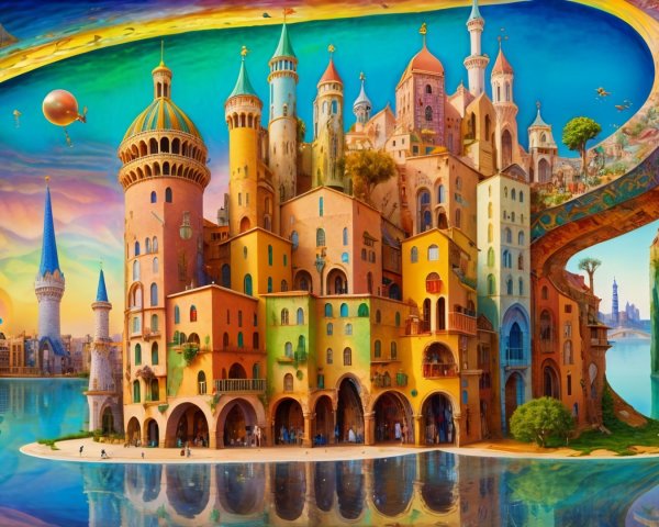 Vibrant Cityscape with Whimsical Architecture and Colors