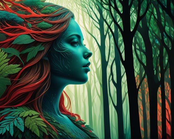 Teal-Skinned Woman in Forest with Vibrant Foliage