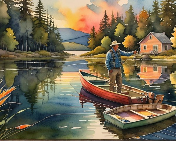 Serene Lake Scene with Fishing Boats at Sunset