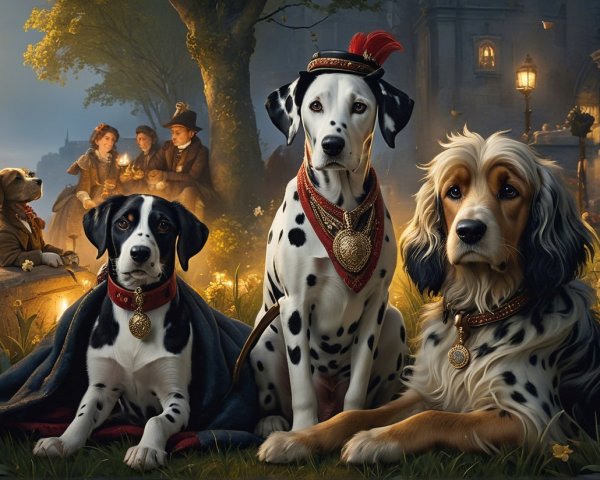 Whimsical Moonlit Gathering with Elegant Dogs