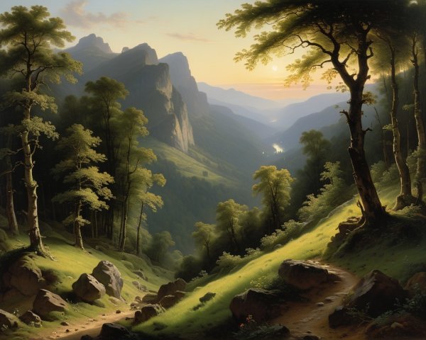 Serene Landscape with Hills, Forest, and Sunset