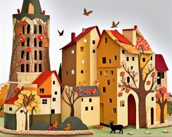 Colorful Paper Craft Scene with Autumn Houses and Tower