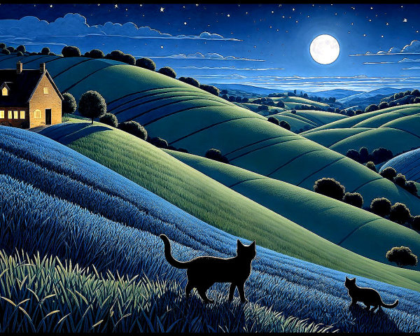 Moonlit Hills with Cats and Cozy House at Night