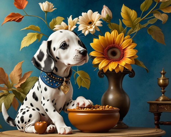 Dalmatian Puppy with Food and Flowers in Bright Setting