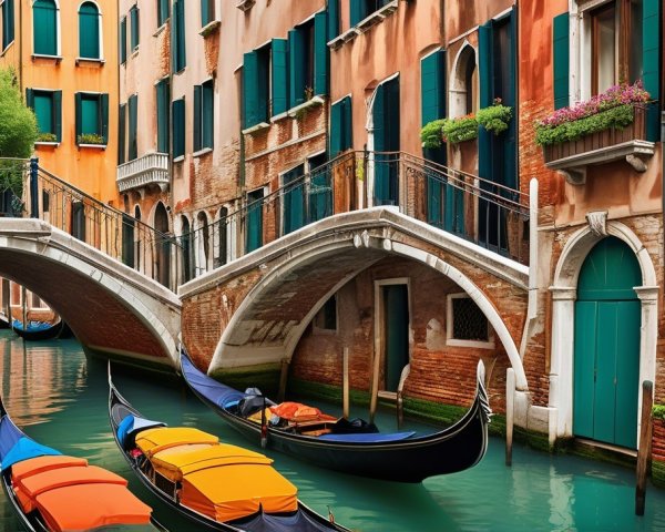Venetian Scene with Colorful Buildings and Bridges
