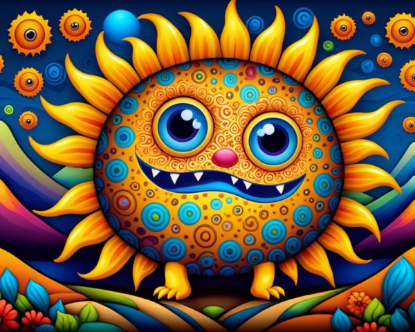 Cartoonish sun character with vibrant colors and patterns