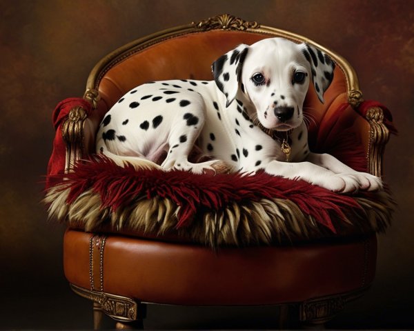 Dalmatian Puppy on Plush Armchair with Fur Cushion
