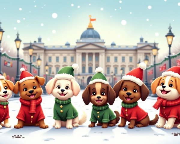 Cartoon Puppies in Festive Winter Park Scene