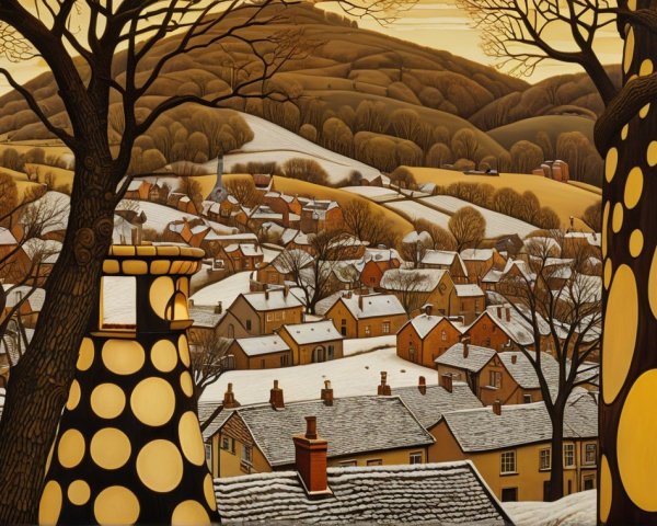 Quaint Village in Snowy Hills with Whimsical Structures