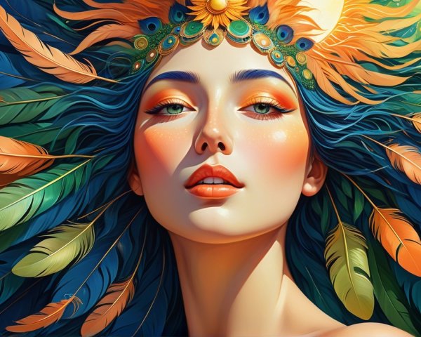 Woman with Peacock Feathers and Vibrant Colors