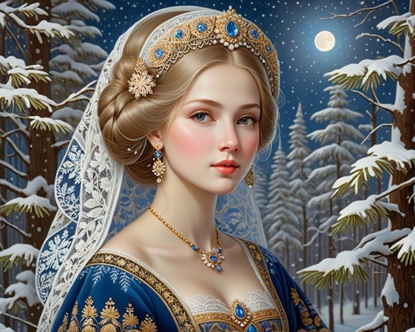 Princess in Blue Gown in Snowy Forest Under Moonlight