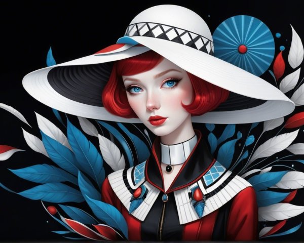 Stylized portrait of a woman with red hair and hat
