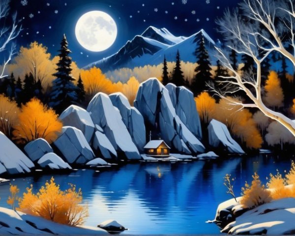 Serene Winter Landscape with Moonlit Lake and Cabin