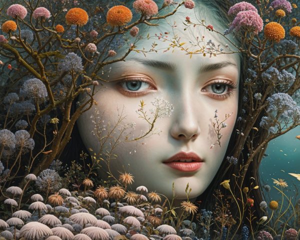 Surreal Portrait of a Woman Merging with Flora