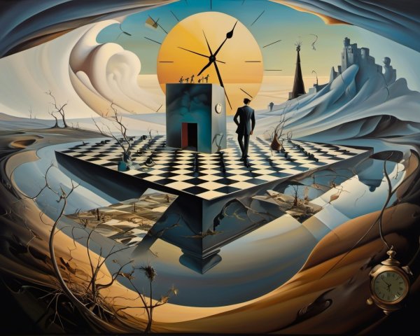 Surreal Landscape with Floating Checkerboard Platform