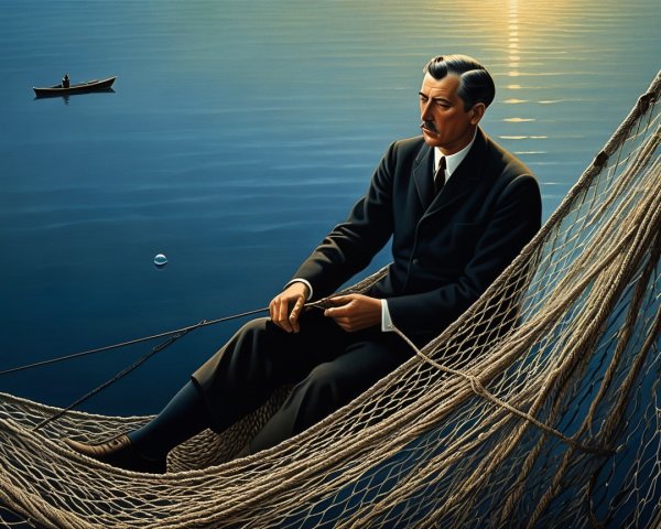 Man in Suit Contemplating Above Calm Waters at Sunset