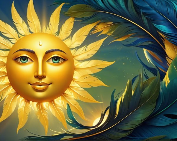 Radiant Sun with Colorful Feathers on Blue Background