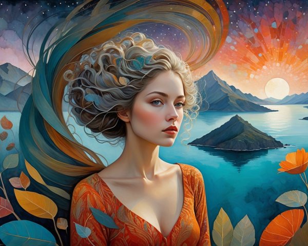 Serene Woman with Sunset-Colored Hair in Tranquil Landscape