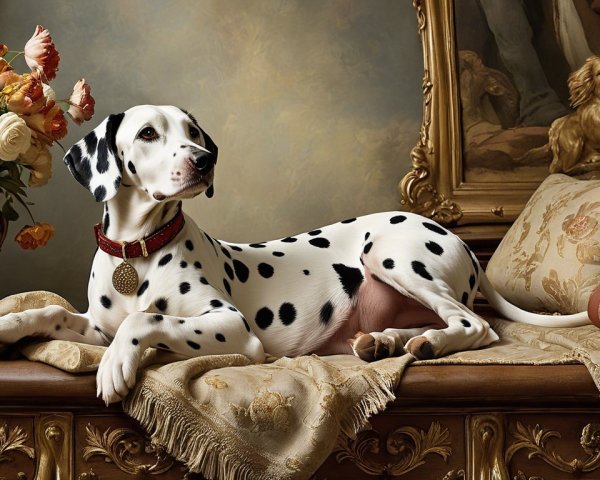 Regal Dalmatian on Ornate Table with Flowers and Art