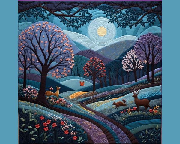 Moonlit Quilt Depicting Serene Landscape with Deer