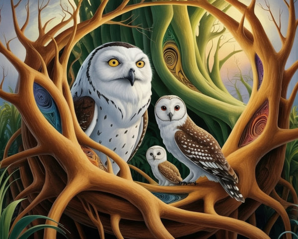 Owls in a Mystical Woodland Nest Under Sunlight
