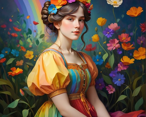 Young woman in rainbow dress in flower meadow