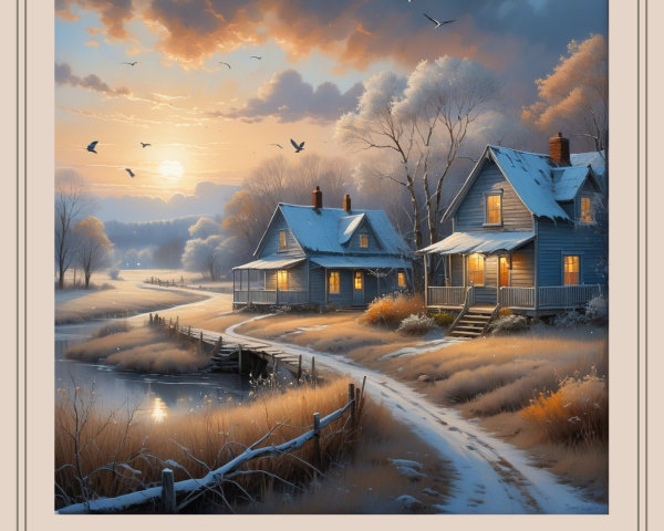 Winter Cottages by a Tranquil River at Dusk
