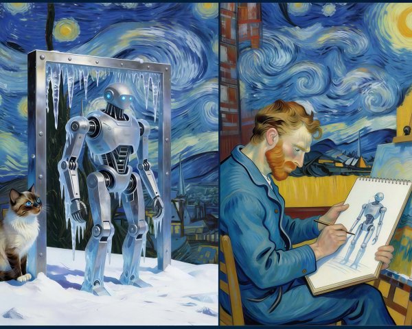Siamese Cat and Robot in Van Gogh-Inspired Scene