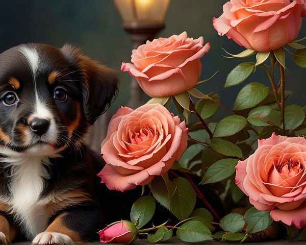 Tri-Color Puppy Resting Beside Pink Roses